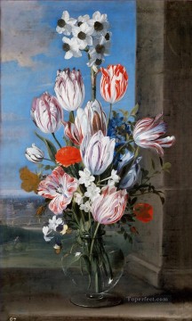  Ventana Obras - Ramo de flores en un jarrón de vidrio en el alféizar de una ventana Ambrosius Bosschaert